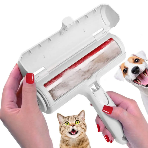 PawHappiness reusable self-cleaning pet hair roller removing fur from a sofa and clothes