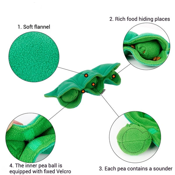 PawHappiness pea pod snuffle toy with squeaky plush peas hiding treats for dogs