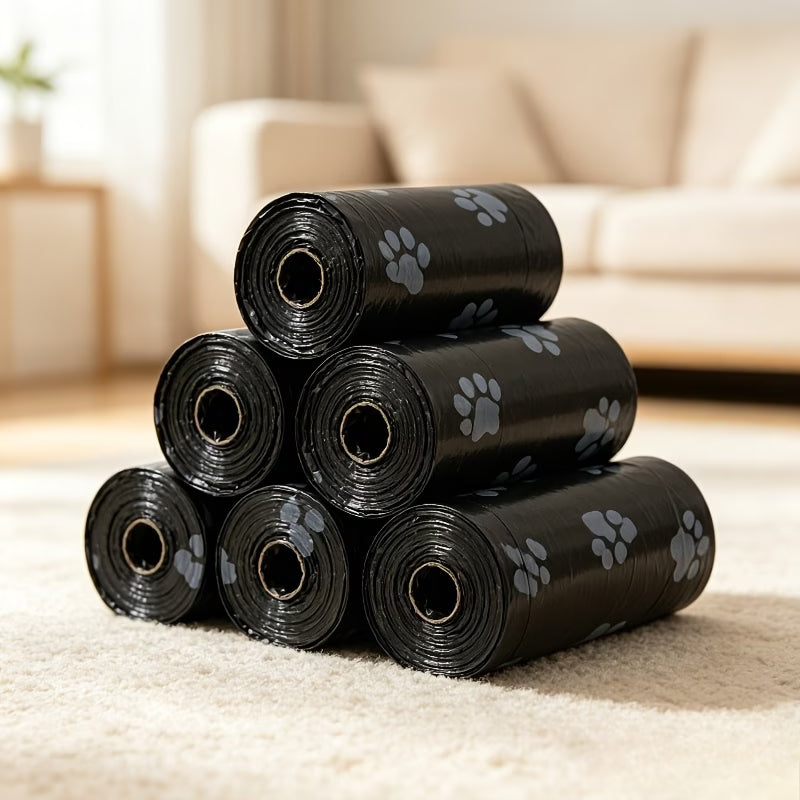 5-Pack/75 Count Heavy-Duty Pet Waste Bags - 15 Bags Per Roll, Black with Blue Paw Print Design, Durable Polypropylene Poop Bags for Cats and Dogs | Paw Print Pattern | Leak-Proof Seal