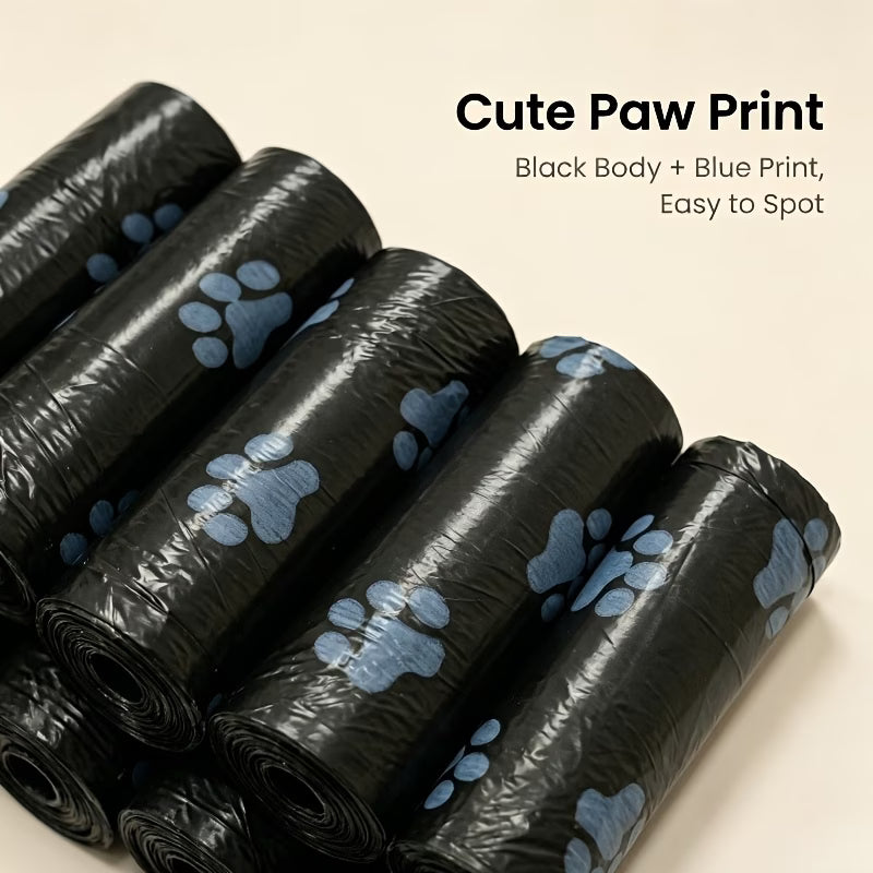 5-Pack/75 Count Heavy-Duty Pet Waste Bags - 15 Bags Per Roll, Black with Blue Paw Print Design, Durable Polypropylene Poop Bags for Cats and Dogs | Paw Print Pattern | Leak-Proof Seal