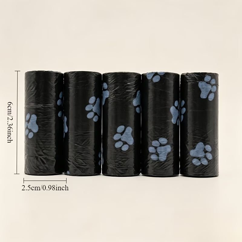 5-Pack/75 Count Heavy-Duty Pet Waste Bags - 15 Bags Per Roll, Black with Blue Paw Print Design, Durable Polypropylene Poop Bags for Cats and Dogs | Paw Print Pattern | Leak-Proof Seal